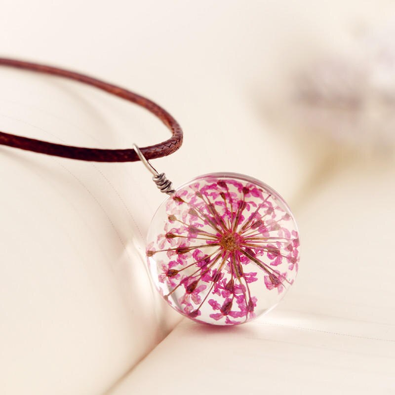 Runde Löwenzahn getrocknete Blume Anhänger Halskette Charme natürliche Löwenzahn Glas Cabochon transparent Glücklich Wunsch Glaskugel Schmuck: Silber überzogen