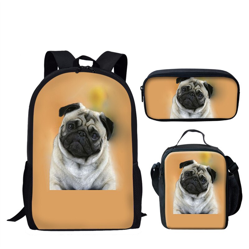 Nopersonality Teenager Girls Pug School BookBag Puppy Bagpack School Bag Print 3Pcs Kids Children Black Backpacks Women Mochilas: L1646CGK