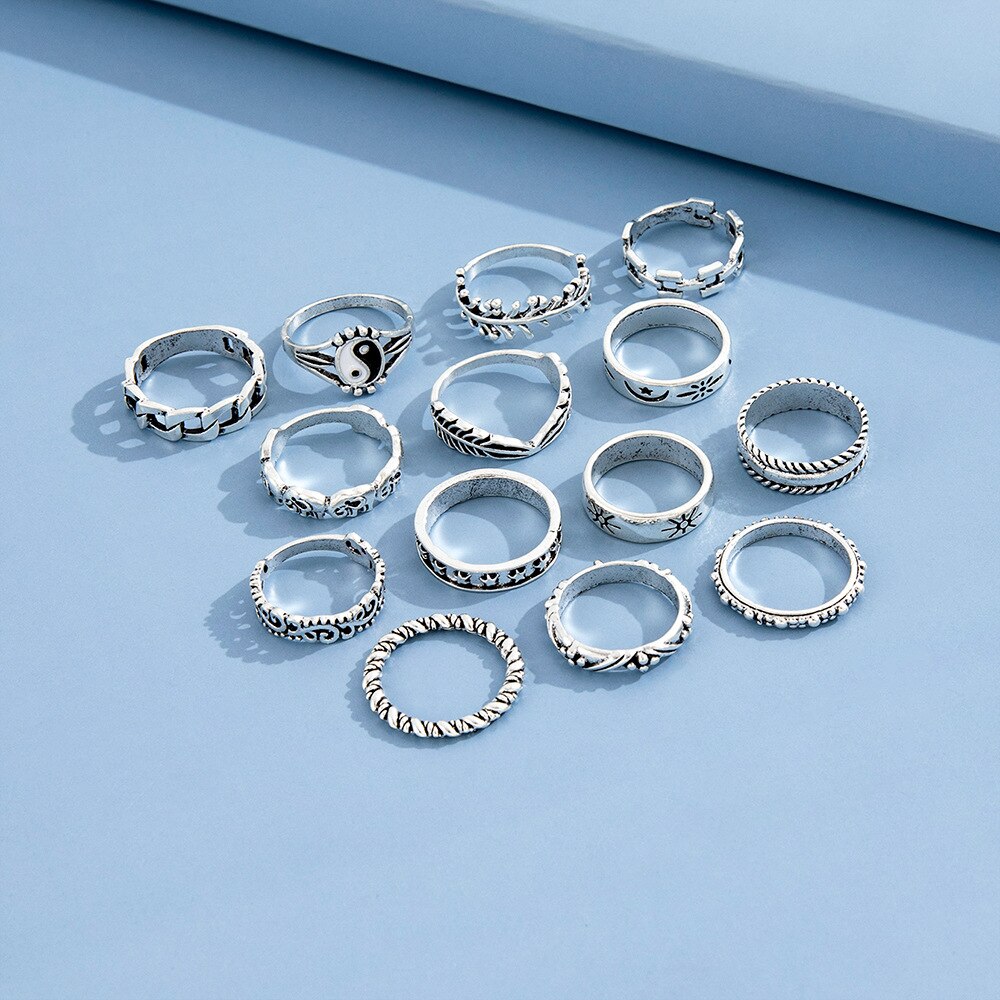 HI MAN 14 Pcs/Set Neo-Gothic Mixed Yin Yang Figure Feather Elephant Star Moon Sun Ring Women Personality Vintage Jewelry