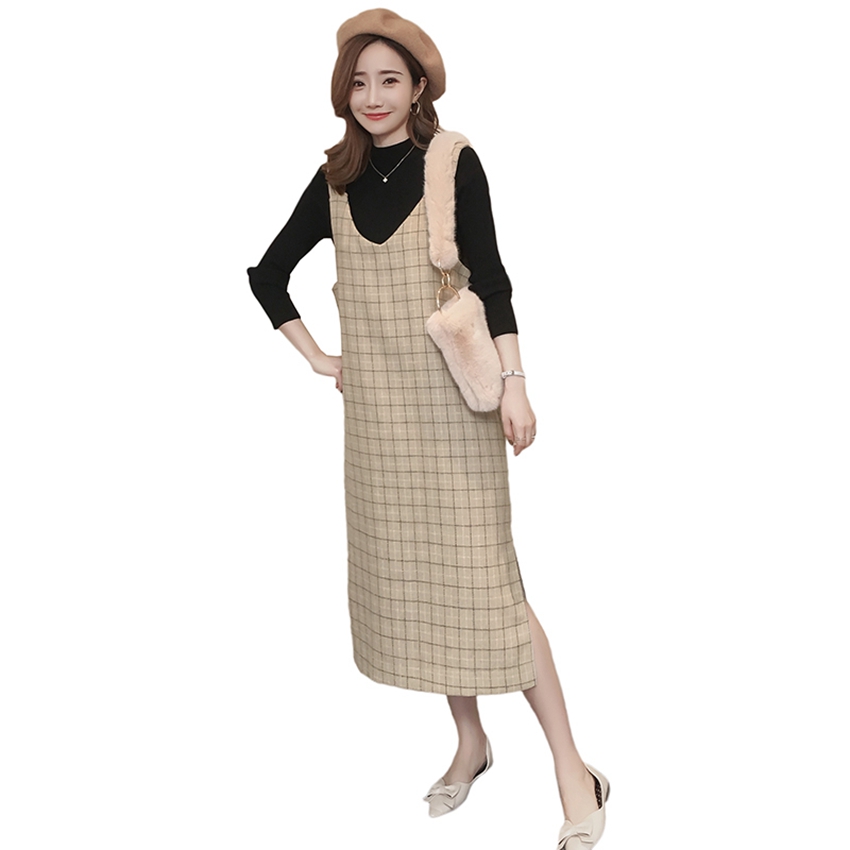 Maternity wear autumn and winter plaid dress stand collar sweater two-piece Korean pregnancy suit: xu hei / XL