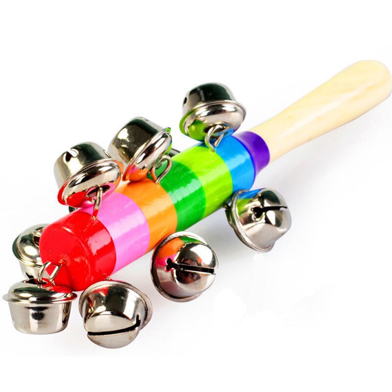 1Pcs 18cm Baby Wooden Rattle Rainbow Color Hand bell Baby Rattles Jingle bells Infant Shaker Rattle Educational Toys