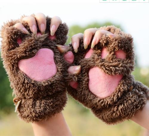 Guanti da artiglio di gatto inverno simpatico cartone animato gatto ragazza guanti senza dita guanti mezze dita con zampa di orso soffice e soffice: Cioccolato