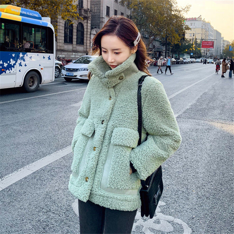 дубленка женская Korean Thick Wool Jacket Warm Women&#39;s Winter Sheepskin Coat One Piece Fur Coats All-Match Traf: green / XL 65-75KG