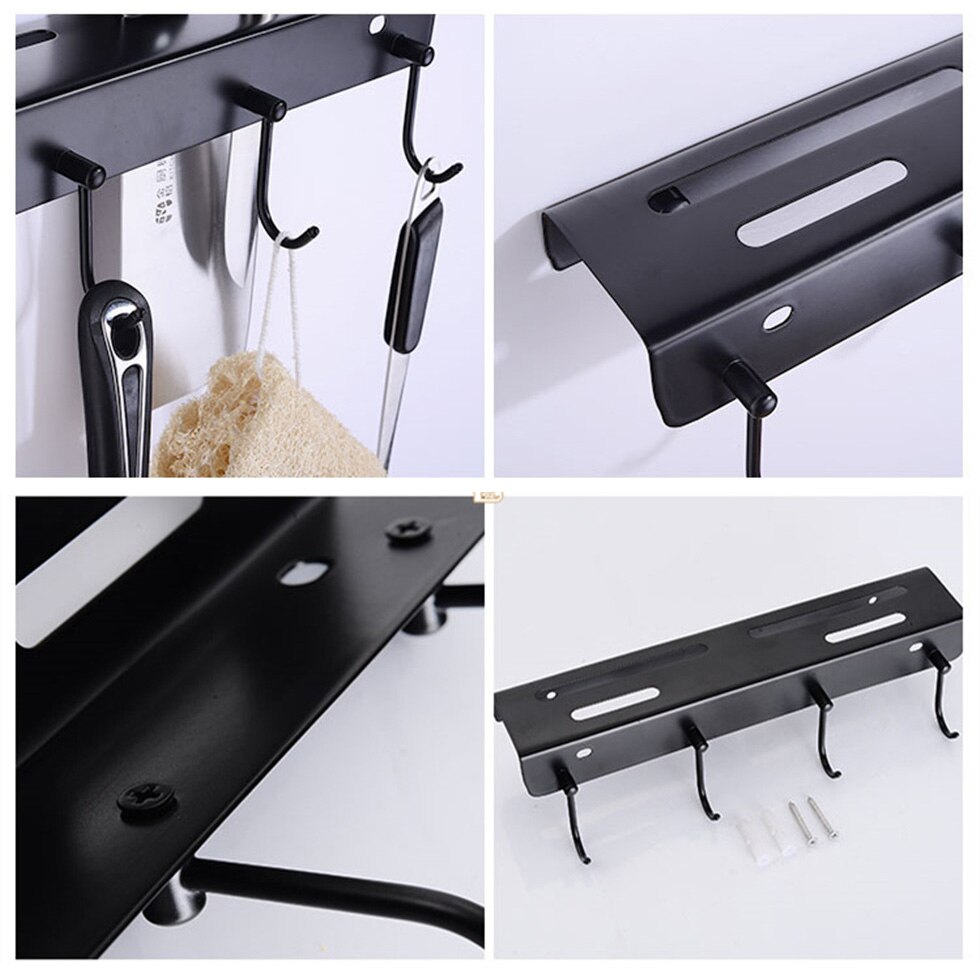 Black Knife Block with Hook Wall Mounted Knives Holder Pantry Rack for Storage 304 Stainless Steel Knife Shelf Utensils