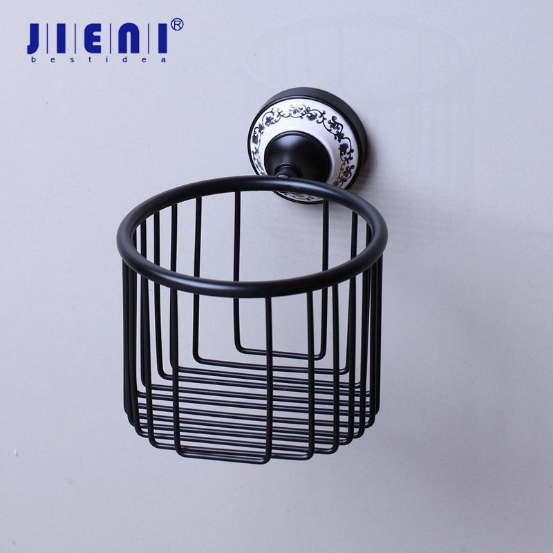 JIENI Wall Mounted Black Brass Bathroom Paper Basket Ceramic handle Bath Shower Shelf Oval Basket Holder Building Material