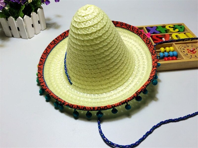 Mexican Sombrero For Children Kids Show Straw Hats Dance Props Pompom Party Hat 6Pcs/lot: beige