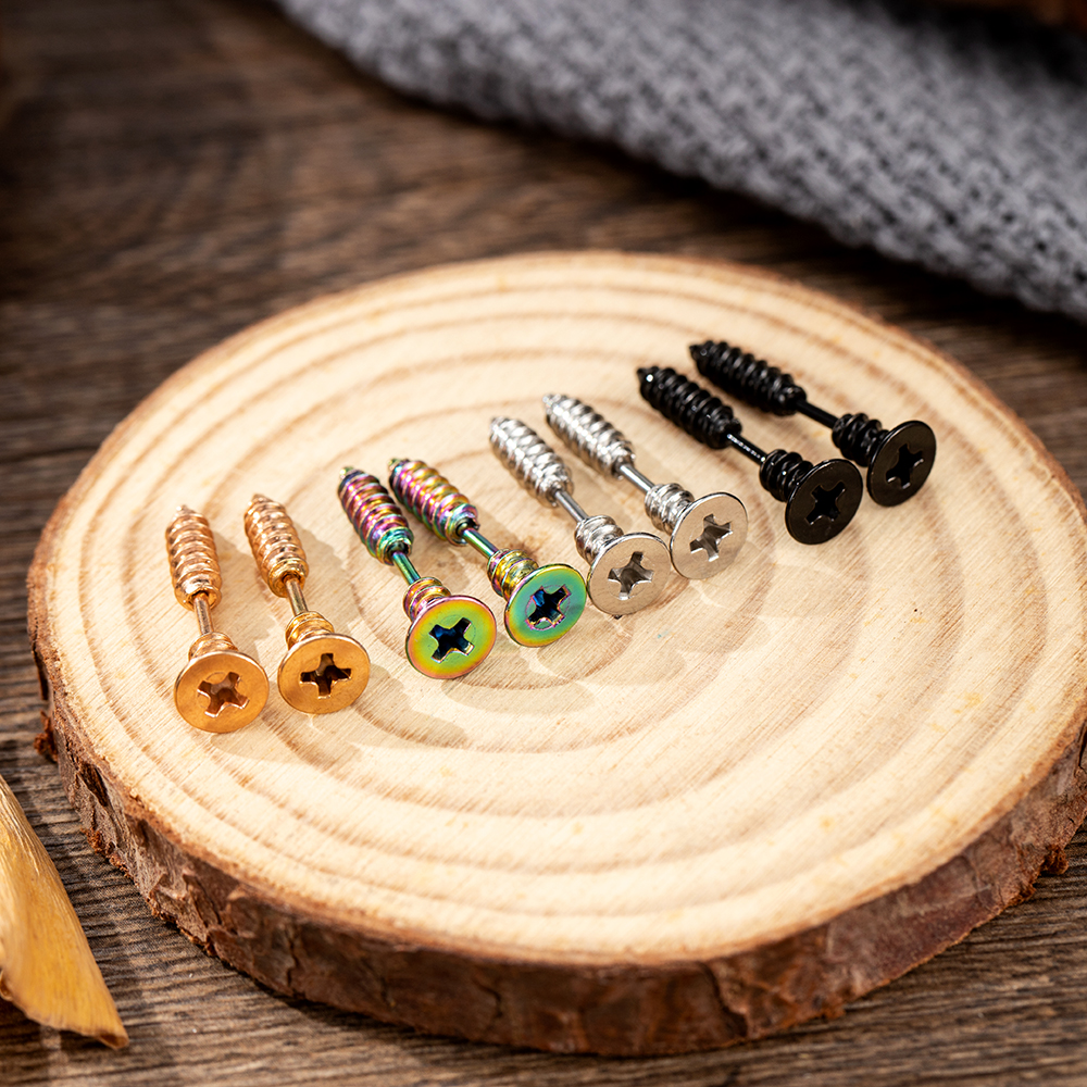 Punk gothic rostfritt stål skruv örhängen för män svarta gyllene örhängen pendientes hombre bijoux smycken kvinna tillbehör