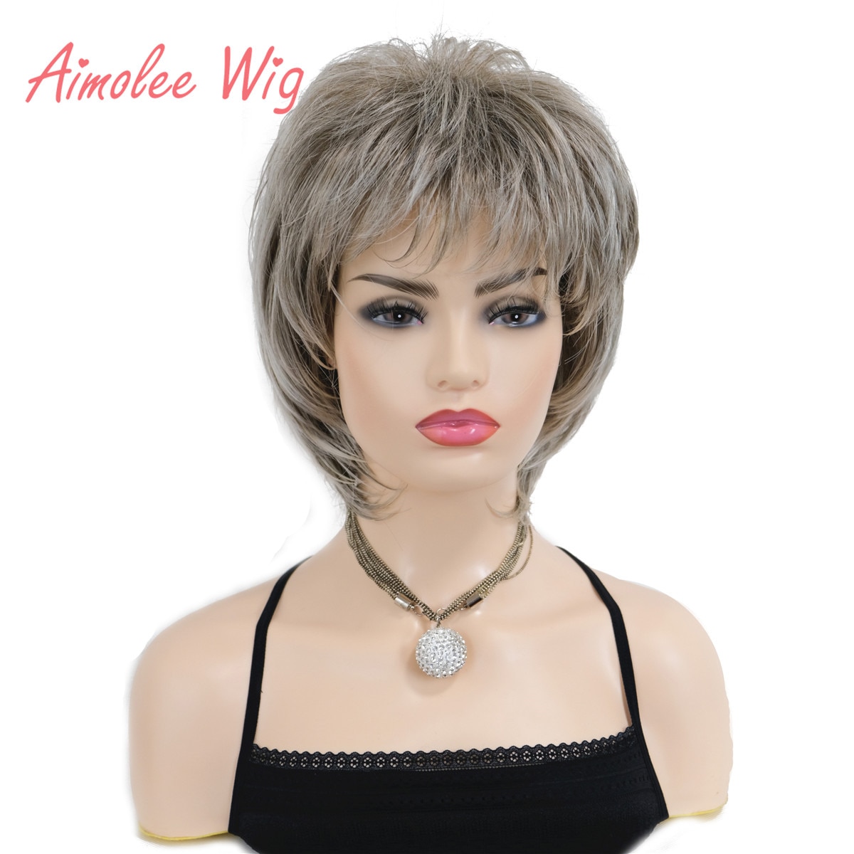 Peluca sintética en capas para mujer, pelo corto y liso, color gris plateado, mezcla de cabello natural