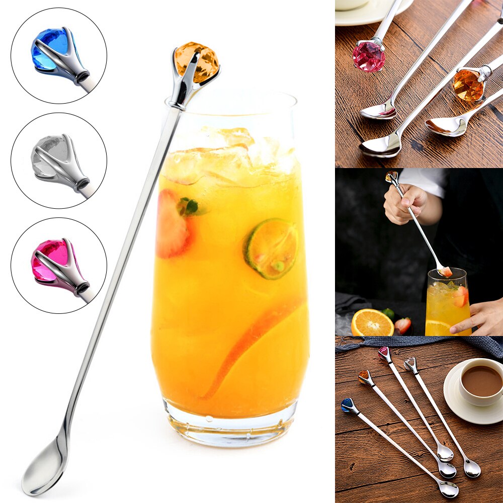 Roestvrijstalen cocktaillepel met strass-steentjes, lange steel voor het drinken van koffie, roeren, mixen en bargerei.