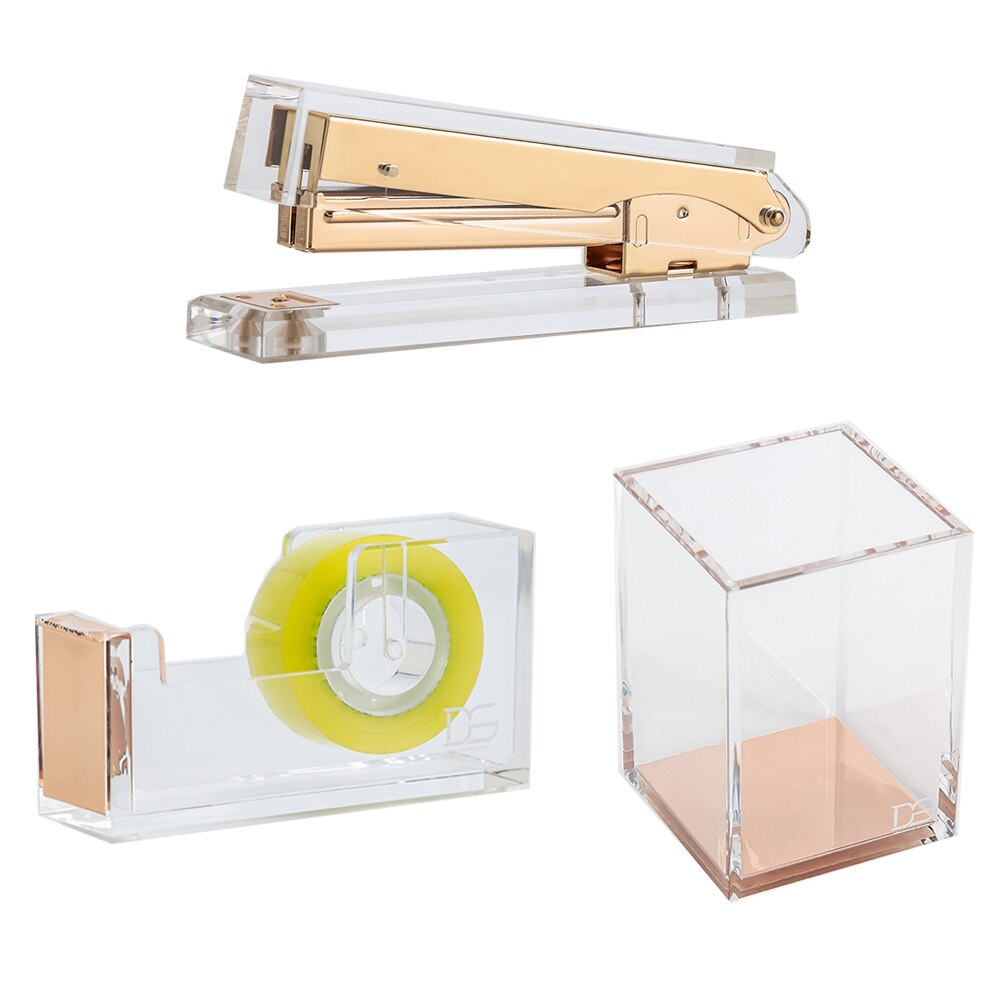 3 stk / sæt guld akryl skriveborde papirvarer serie) akryl tape dispenser 1)  guld akryl hæftemaskine 1)  akryl blyant kop
