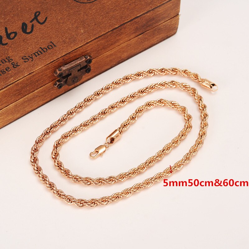 5Mm Rijke Mannen Vrouwen 18 K Rose Solid Gold Afwerking Dikke Nek Ketting Fijne Touw Ketting 50cm "Of 60Cm" Selecteren