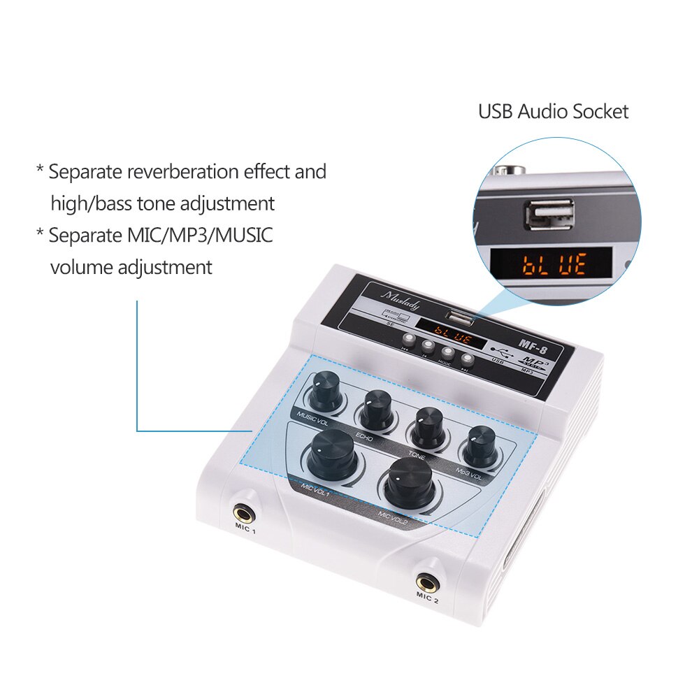 Muslady MF-8 Mini Karaoke Sound Mixer Stereo Echo Mixers Dual Microphone Inputs Support BT Recording MP3 for PC Amplifier