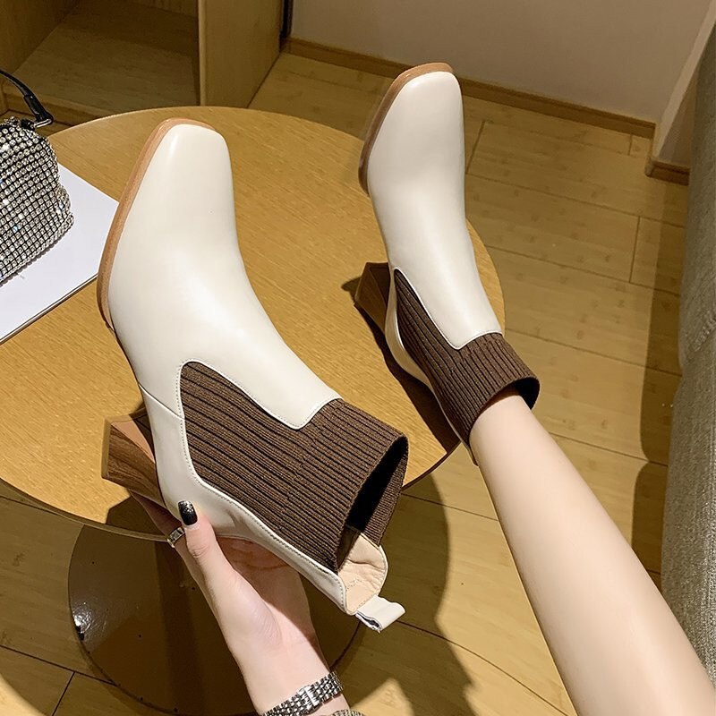 Sko hvide mid-calf støvler støvletter dame støvler-kvinder luksus rund tå lave hæle støvletter chelsea kort efterår
