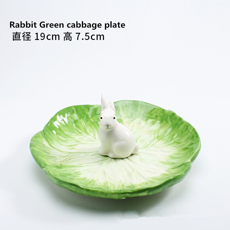 Grøn keramisk bordservice til børn kaninkålskål tegneserie håndtegnet dyr bordservice frugtsalat dessert skål: Kanin grøn plade