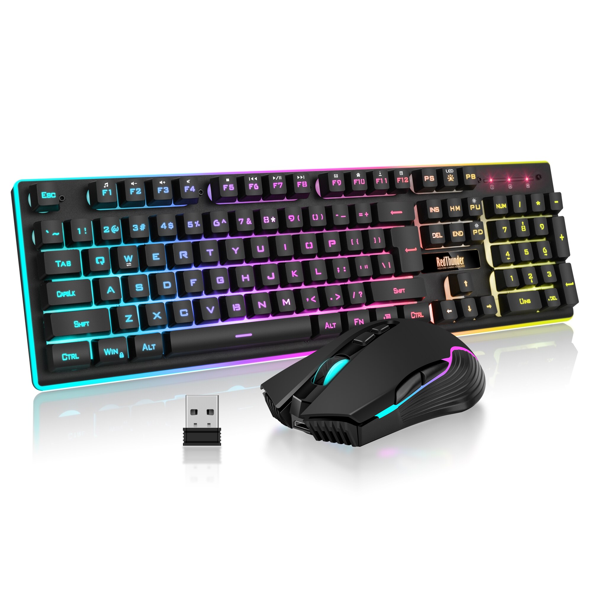 Redthunder  k10 trådløst gaming tastatur og mus combo, led baggrundsbelyst genopladeligt 3800 mah batteri, mekanisk fornemmelse anti-ghosting: Sort combo os