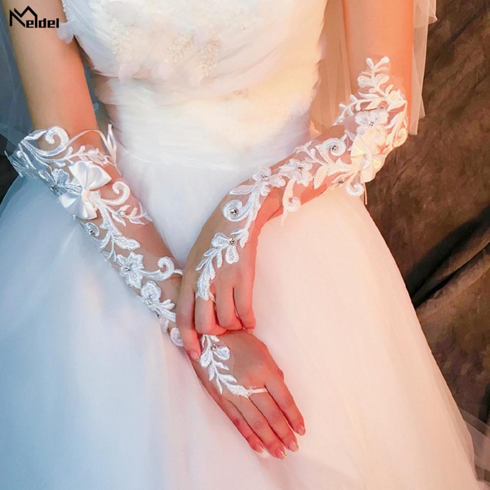 Luxe Wit Kant Bruids Vingerloze Handschoenen Vrouw Lange Bruiloft Handschoenen Crystal Bruiloft Accessoires voor Bruiden