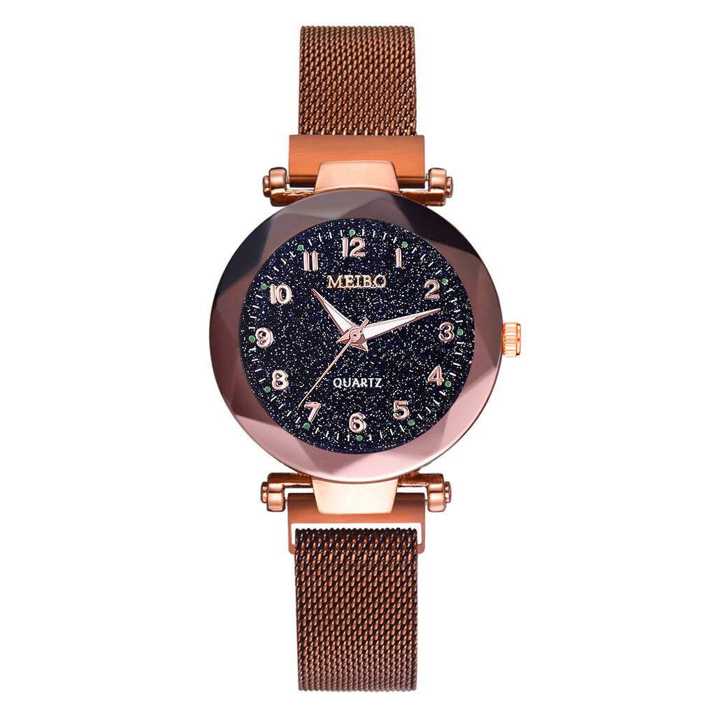 Otoky Watch Quartz Women Watches Starry Sky Watch Ladies Flat Glass Quartz Wristwatch Mesh Magnetic Clock Ladies: Coffee 