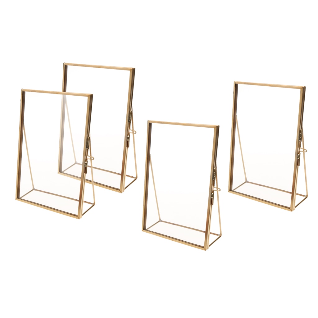 4Pcs Clear Glass Sign Holder with Gold Borders and Vertical Stand, Double Sided Table Menu Holders Picture Frames 4x6''