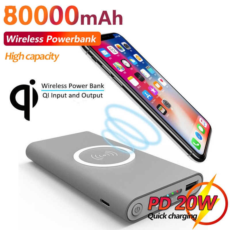 80000mAh Qi Wireless Power Bank Portable Large Capacity External Battery Fast Charging Phone Charger For Xiaomi Samsung Iphone