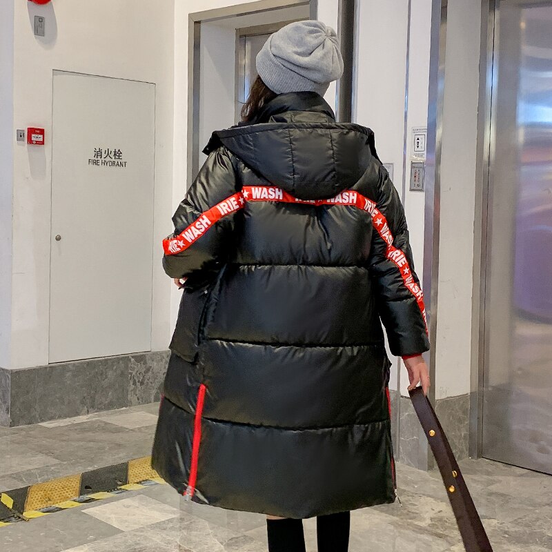 hiver longue veste pour femmes col montant Parka femme manteau à capuche avec tissu brillant Long coton rembourré