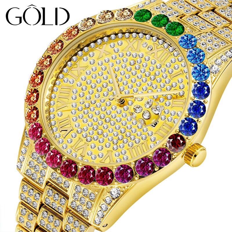 Reloj de oro arcoíris diamante para hombre, de lujo, oro de 18K, hecho a mano, de cuarzo y cristal de hielo