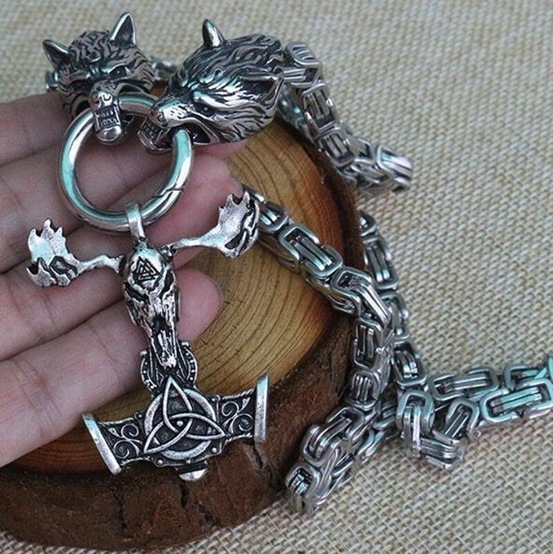 Men's Viking Wolf Head and Thor's Skull Goat Hammer Mjolnir Pendant Necklace Large Making Animal Necklace