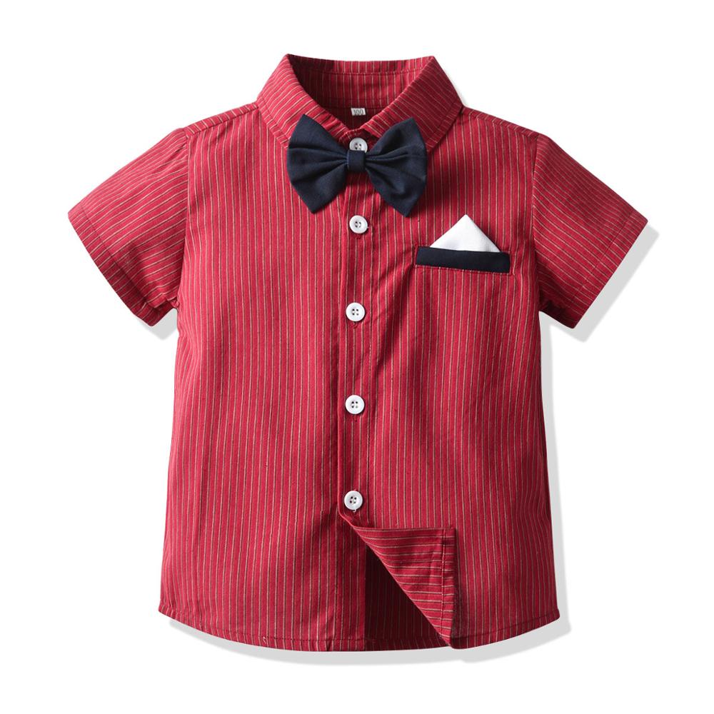 Conjunto de ropa de de cumpleaños para niños, traje Formal con pajarita, camisa a rayas rojas, pantalones cortos, traje de graduación, de verano