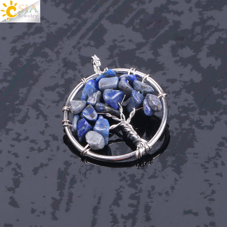 CSJA Tree of Life Necklace &amp; Pendant Silver Color Crystal Natural Gem Stone Chip Beads 7 Chakra Wire Wrapped Women Jewelry F141: Lapis Lazuli