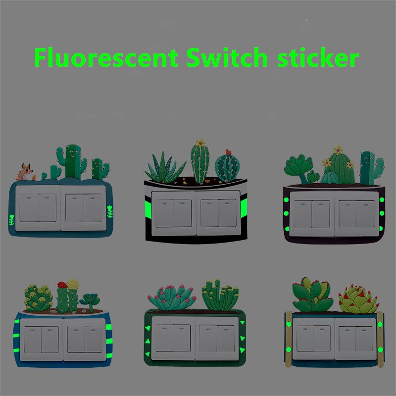 Kaktus børneværelsesindretning fluorescerende væg silikone on-off dobbeltkontakt lysende lysafbryderudgang 3d tegneserie klistermærke