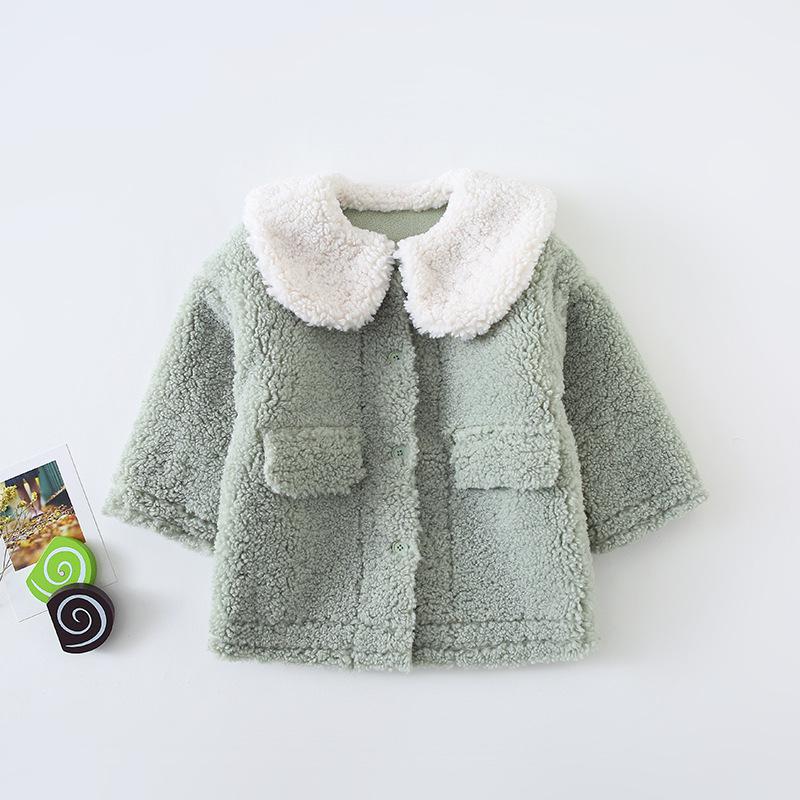Vinterkoreansk stil pelsfortyket og varm langærmet frakke med stor krave til søde søde babypiger: Lysegrøn / 18m