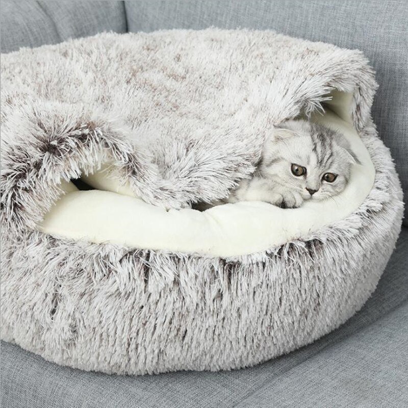 Winter Lange Pluche Huisdier Kennel Hond Bed Ronde Kussen Kat Huis 2 In 1 Warm Kat Mand Slaap Semi-afgesloten Zak Voor Puppy Kleine Kat