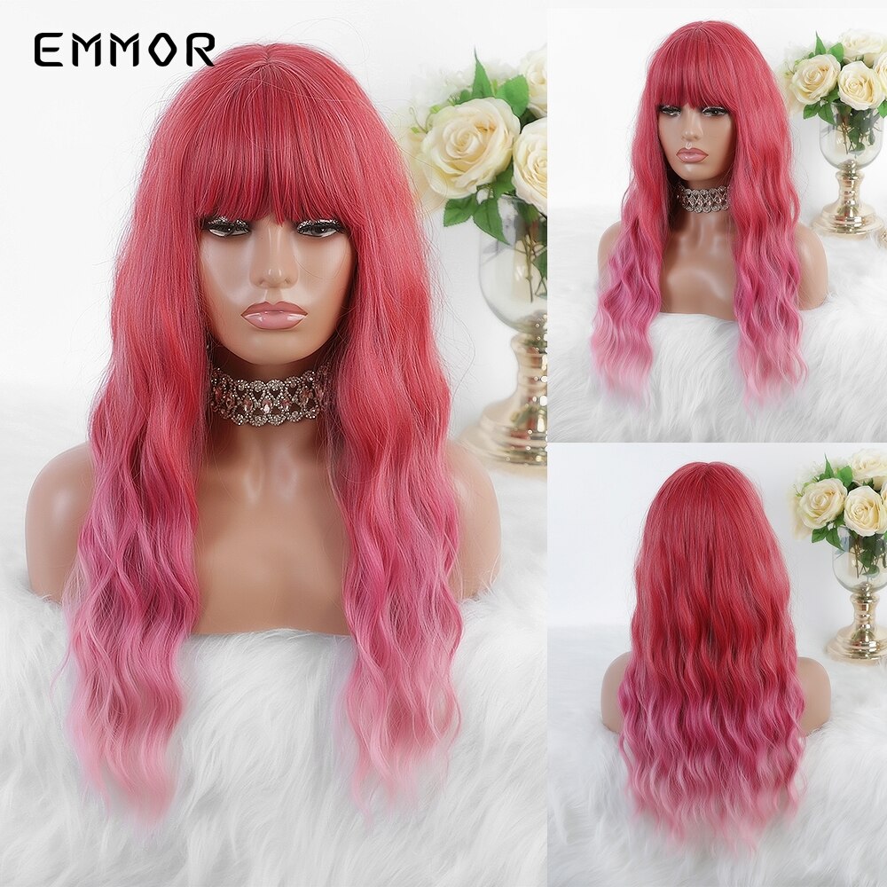Emmor lange roze ombre watergolf synthetische haarpruiken met pony, hoge temperatuur vezel, kleurrijke cosplaypruik voor coole meiden: Lc340
