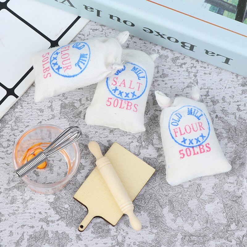 1:12 Dollhouse Miniature Flour Salt Bags Eggbeater Rolling Pin Model Accessories