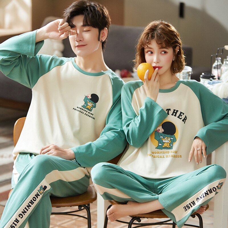Coton bande dessinée hiver Couple pyjamas ensemble col rond décontracté vêtements de nuit à manches longues haut + pantalons longs vêtements de nuit amoureux Homewea: men / L
