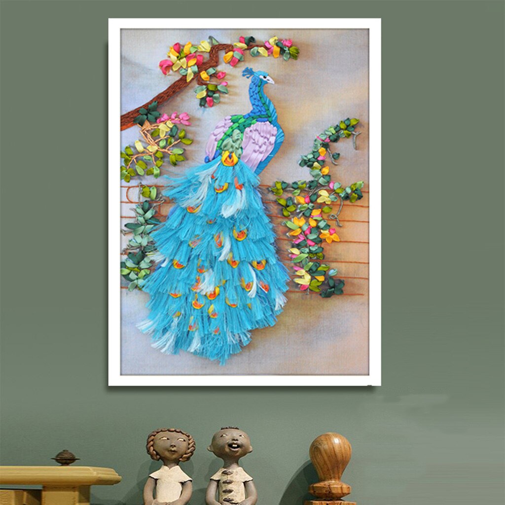 Handgemaakte Lint Borduren Pauw Schilderen Kit Gestempeld Kruissteek Diy