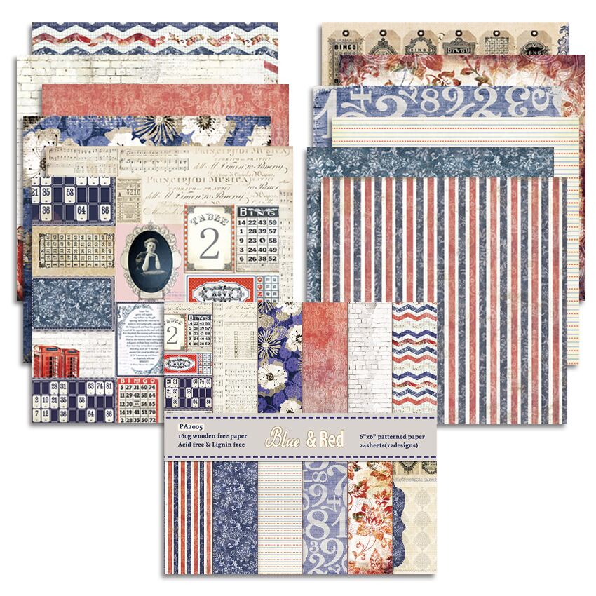 Paquet de 24 feuilles de papier pour Scrapbooking, bleu et rouge, papier artisanal fait à la main, tampon de fond artisanal