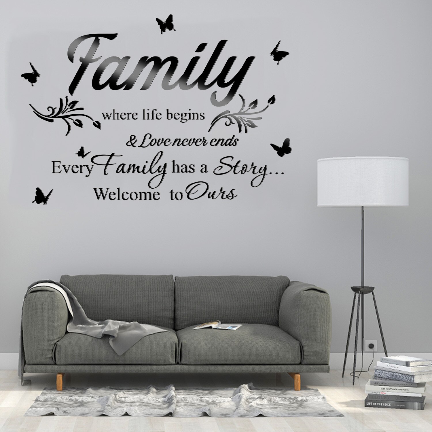 3D Acrylic Mirror Wall Decor Stickers Removable Black Family Letter Wall Stickers DIY Butterfly Mirror Stickers Wall Art Decals