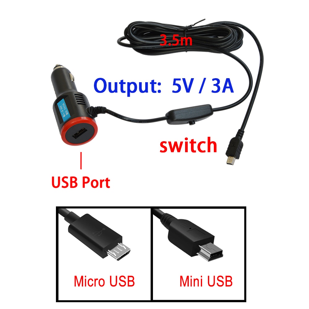 5V 3A Usb-poorten Dash Cam Auto Sigaret Adapter Sigarettenaansteker Oplader Voor Dvr Voertuig Opladen Met 3.5 Meter kabel