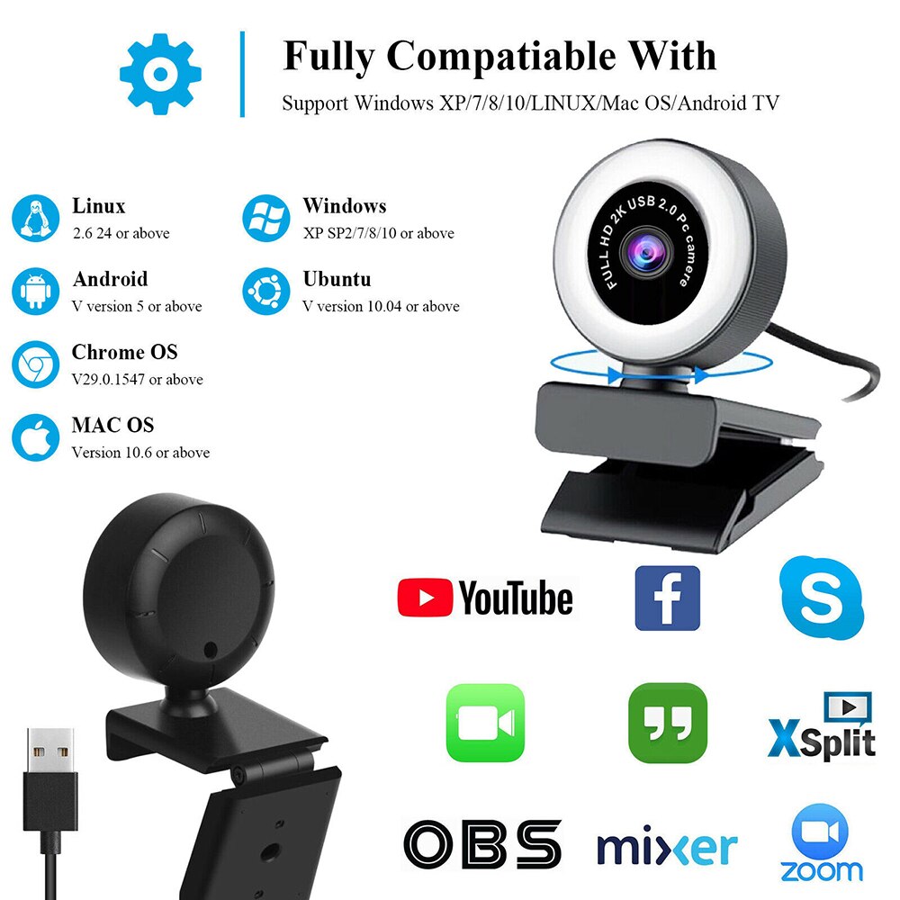 2K HD Webcam with Microphone Tripod Ring Light 1080P Auto Focus USB Web Camera Fill Light for PC Desktop Laptop Live Broadcast