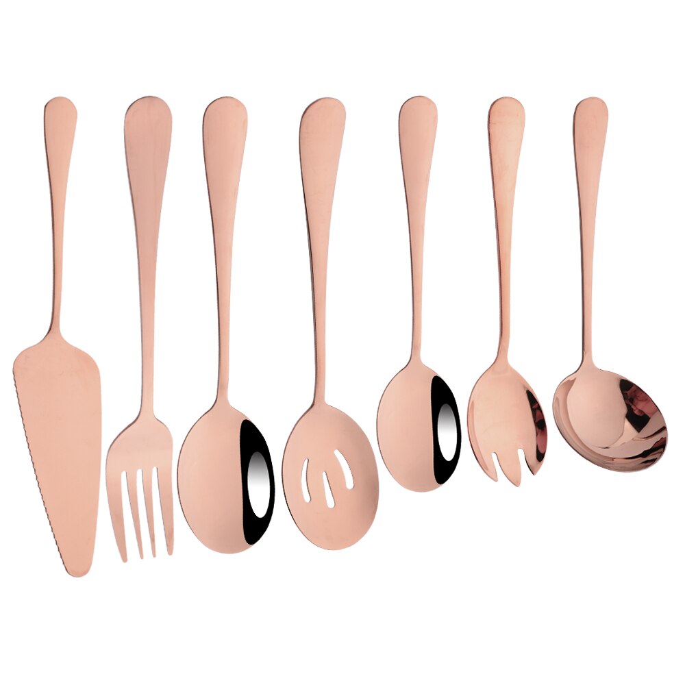 7Pcs Gold Stainless Steel Dinnerware Set Soup Spoon Colander Spoon Service Spoon Salad Fork Cake Spatula Kitchen Home Tableware: Rose