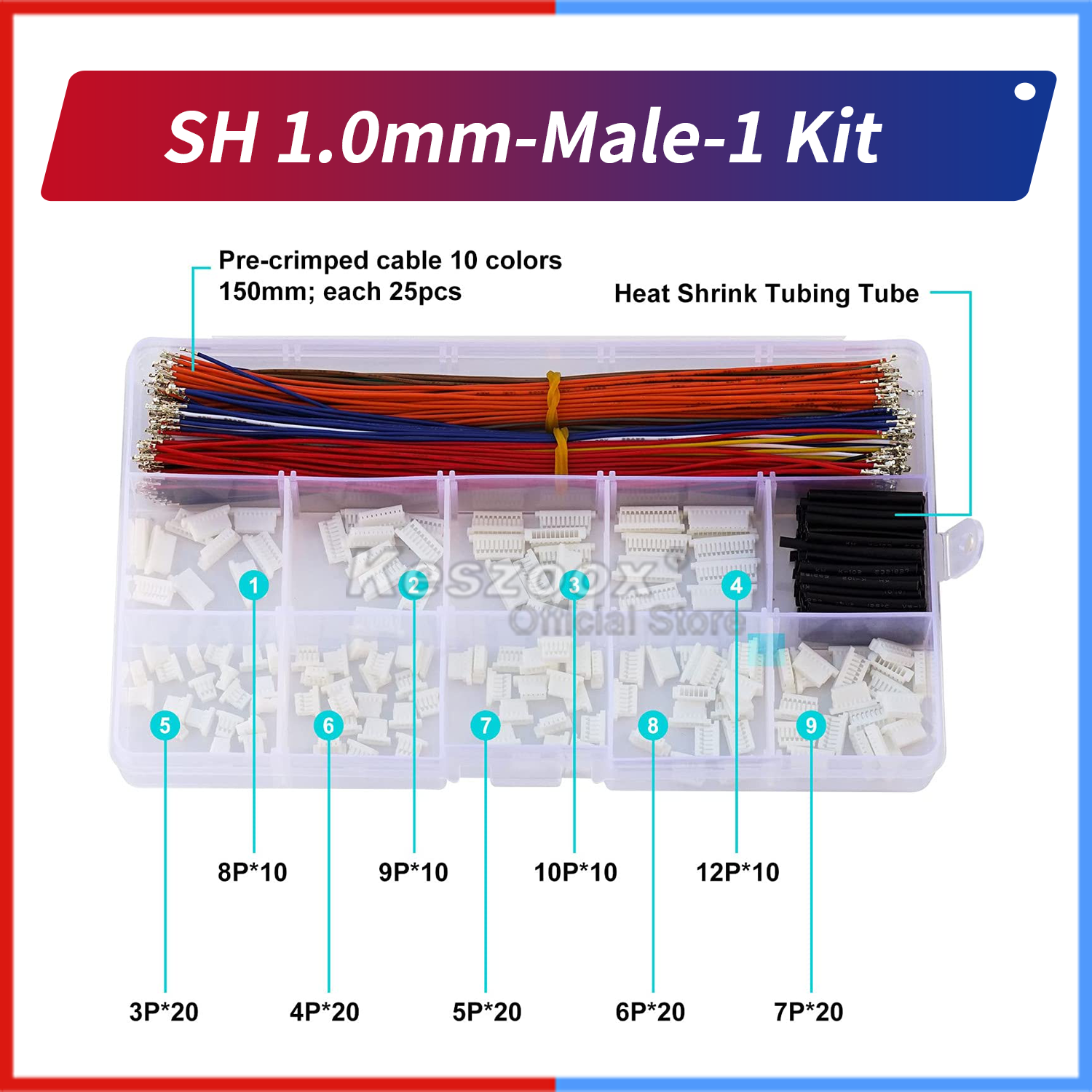 Keszoox jst 1.0/1.25/1.5/2.0/2.5mm- pitch stiksæt jst sh gh zh ph  xh 2-6 -benet hus med prækrympede 22-28 awg-kabler: Militærgrøn