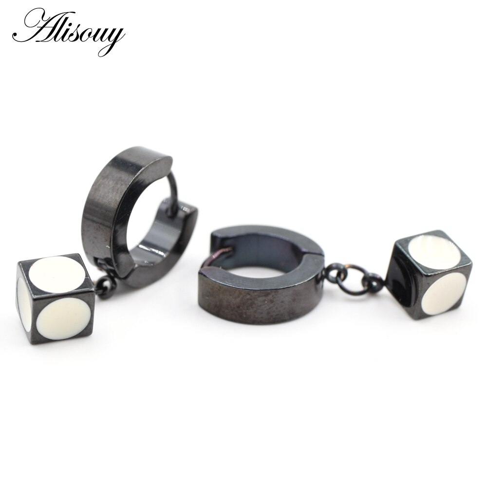 Alisouy 2 Stuks Punk Rvs Stud Huggie Hoop Oorbellen Voor Vrouwen Mannen Cube Vierkante Dice Dangle Oorbellen Hiphop Goth oorbellen: 6mm Black White