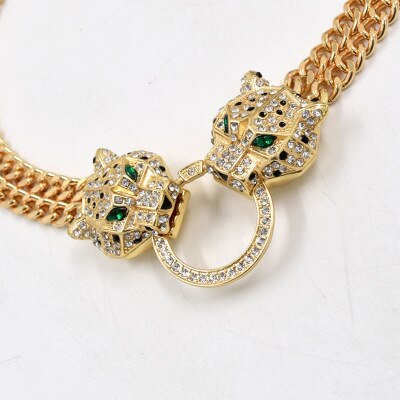 Smykker krystal indstilling chokers halskæde dobbelt lag kæde leopard hoved vedhæng halskæde kvinder