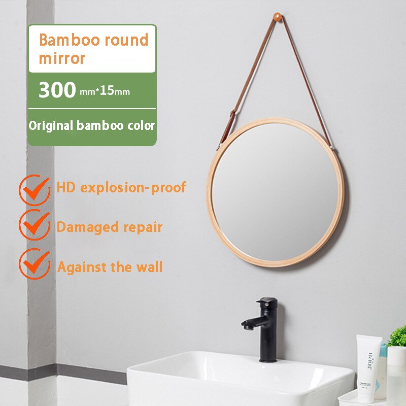 Espejo de pared redondo colgante para baño, marco de bambú sólido y correa de cuero ajustable, decoración de dormitorio, espejo redondo de maquillaje: Wood color 30cm