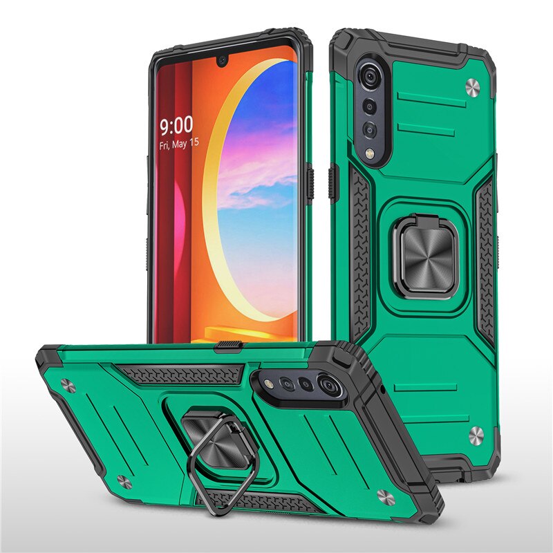 Odporne na wstrząsy etui na LG Velvet 5G 4G luksusowy zderzak pancerna obudowa LG pierścień aksamitny 360 Protect tylna pokrywa dla LG Velvet Stand Fundas: LG Velvet 5G / Dark Green