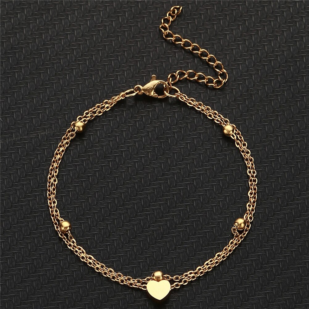 Stainless Steel Thin Bead Chain Heart Anklet For Women Double Layer Foot Anklet Sandals Bohemian Beach Leg Jewelry