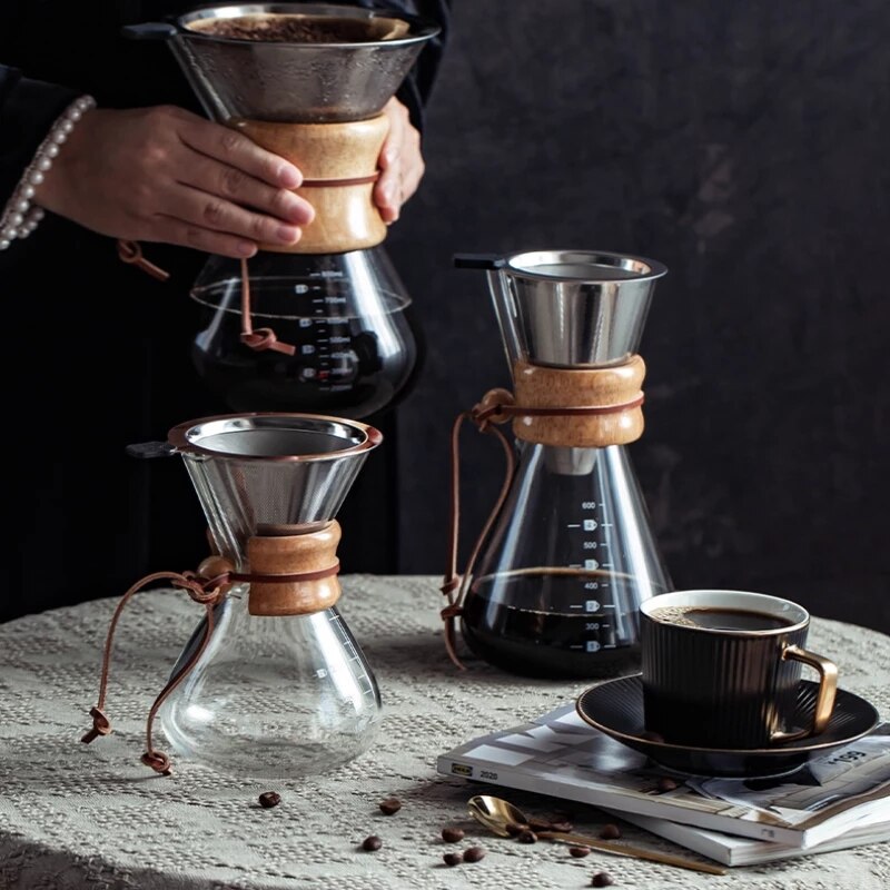 Cafetière en verre résistante avec filtre en acier inoxydable, Anti-brûlure, poignée en bois, cafetière à expresso, outils de Barista