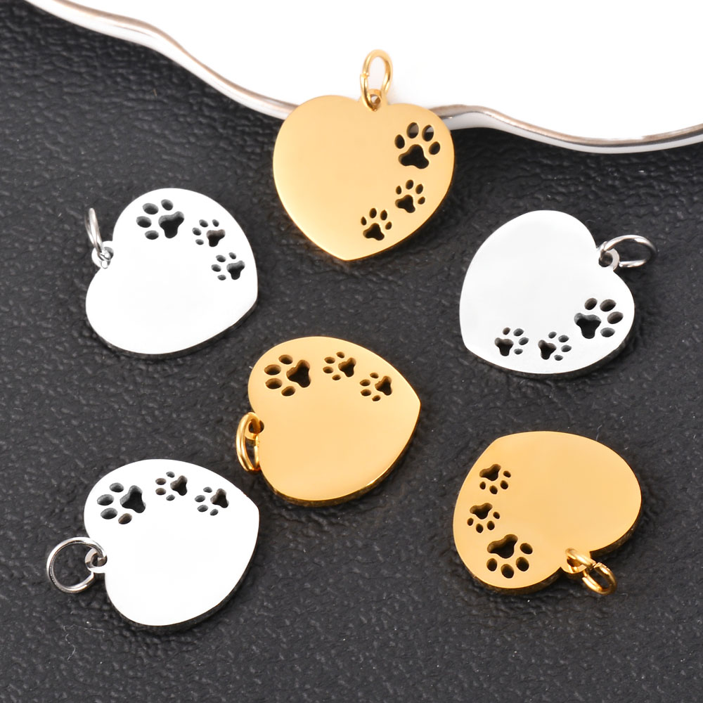10 unids/lote de dijes de corazón de pata hueca, dijes pulidos con espejo de acero inoxidable, , colgante de pata de corazón para fabricación de joyas