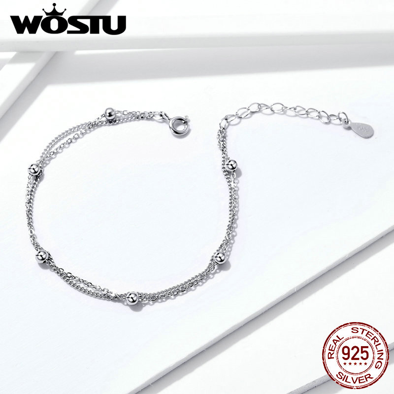 WOSTU Parallel Chains With Silver Bead Bracelets 925 Sterling Silver For Women Chain Link Silver 925 Jewelry CQB131