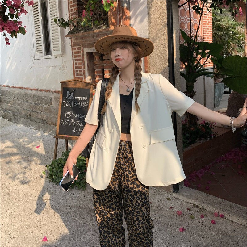 Blezery damskie jednolity, z nacięciem dwurzędowy modny workowaty koreańnarty styl wypoczynek lato z krótkim rękawem cały mecz elegancki prosty